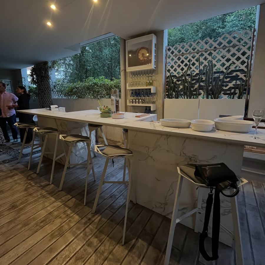 Terraza quincho con barra y techo de madera